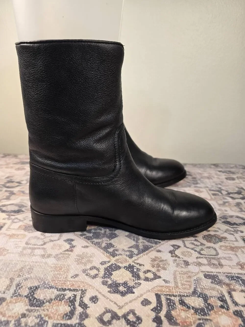 Tory Burch Hallie Mid Shaft Logo Black Leather Riding Boots Women's Size 7.5